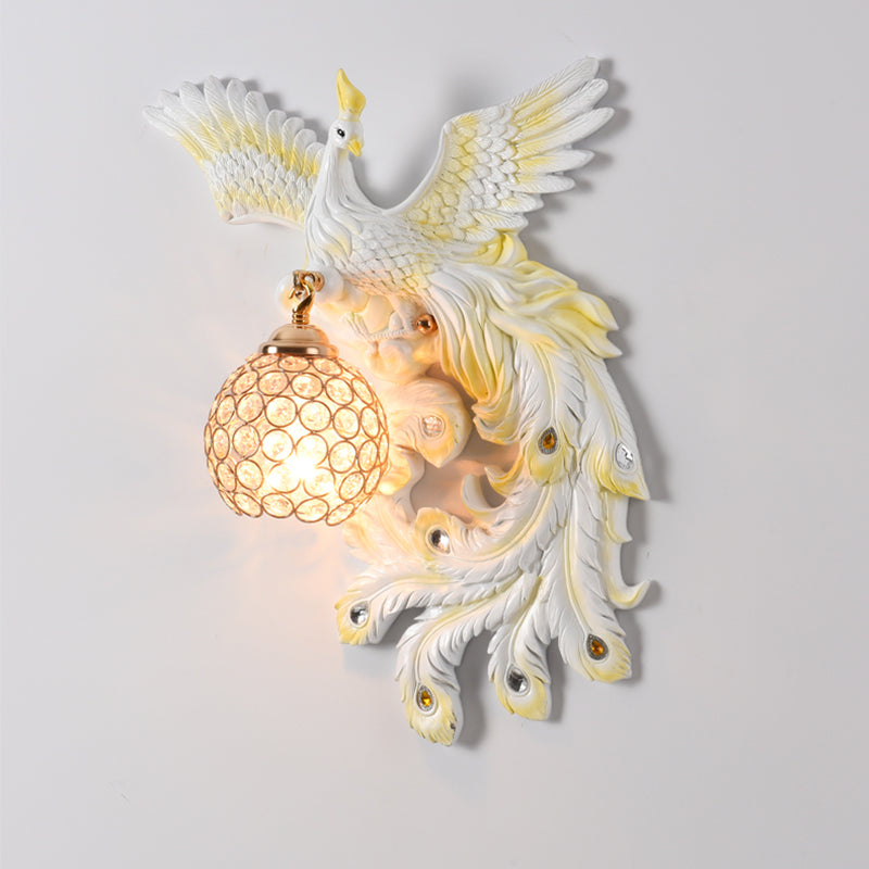 Peacock Flying Wall Mount Light: White/Green/Gold Resin with Crystal Shade, Left/Right