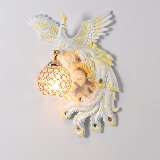 Peacock Flying Wall Mount Light: White/Green/Gold Resin with Crystal Shade, Left/Right