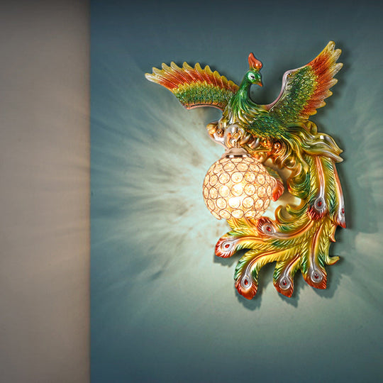 Peacock Flying Wall Mount Light: White/Green/Gold Resin with Crystal Shade, Left/Right