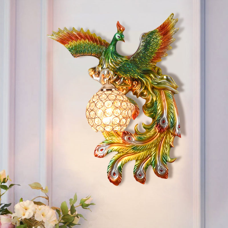 Peacock Flying Wall Mount Light: White/Green/Gold Resin with Crystal Shade, Left/Right