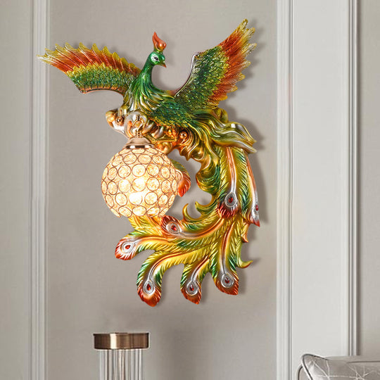 Peacock Flying Wall Mount Light: White/Green/Gold Resin with Crystal Shade, Left/Right
