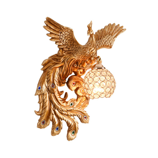 Peacock Flying Wall Mount Light: White/Green/Gold Resin with Crystal Shade, Left/Right