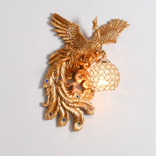 Peacock Flying Wall Mount Light: White/Green/Gold Resin with Crystal Shade, Left/Right