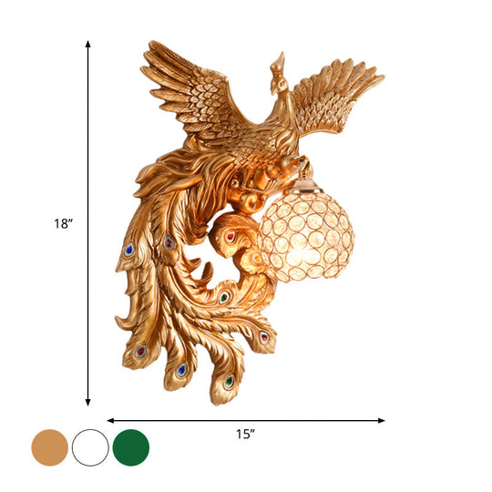 Peacock Flying Wall Mount Light: White/Green/Gold Resin with Crystal Shade, Left/Right
