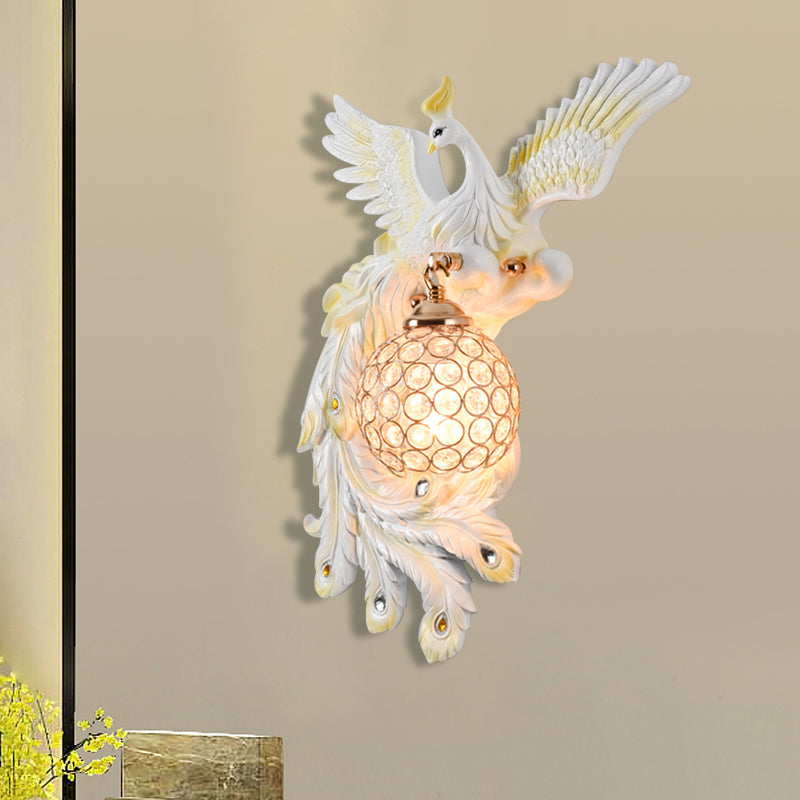 Peacock Flying Wall Mount Light: White/Green/Gold Resin with Crystal Shade, Left/Right