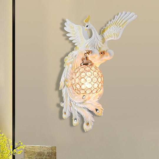Peacock Flying Wall Mount Light: White/Green/Gold Resin with Crystal Shade, Left/Right