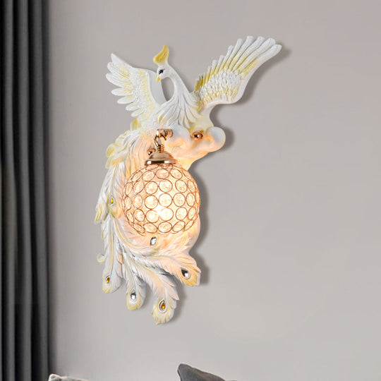 Peacock Flying Wall Mount Light: White/Green/Gold Resin with Crystal Shade, Left/Right