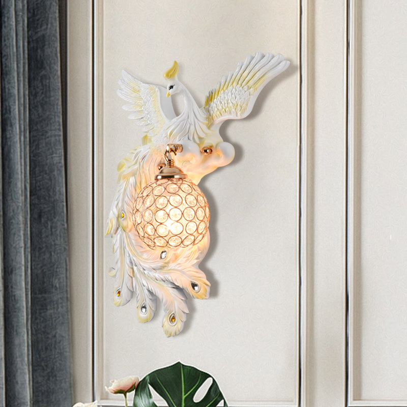 Peacock Flying Wall Mount Light: White/Green/Gold Resin with Crystal Shade, Left/Right