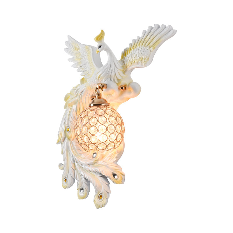 Peacock Flying Wall Mount Light: White/Green/Gold Resin with Crystal Shade, Left/Right