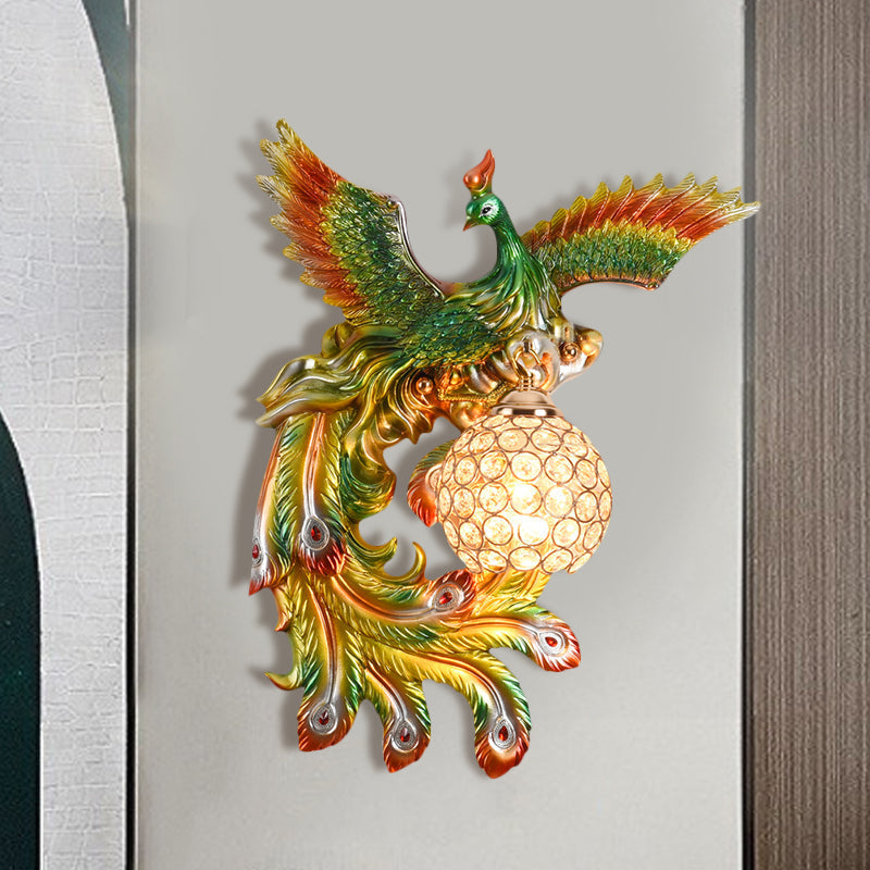 Peacock Flying Wall Mount Light: White/Green/Gold Resin with Crystal Shade, Left/Right