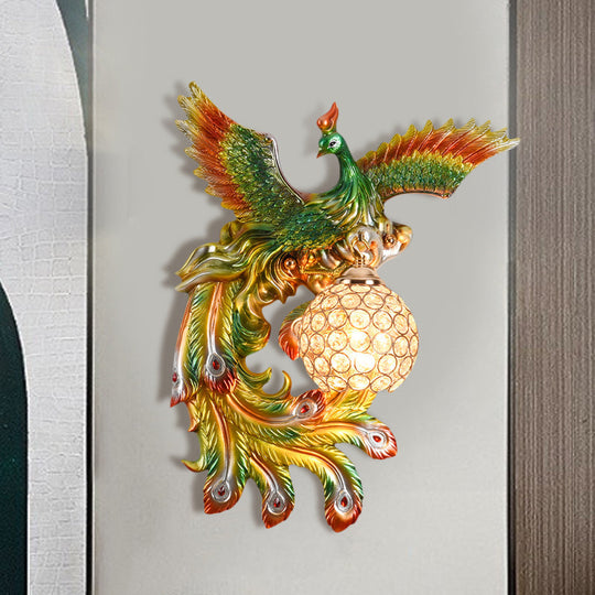 Peacock Flying Wall Mount Light: White/Green/Gold Resin with Crystal Shade, Left/Right