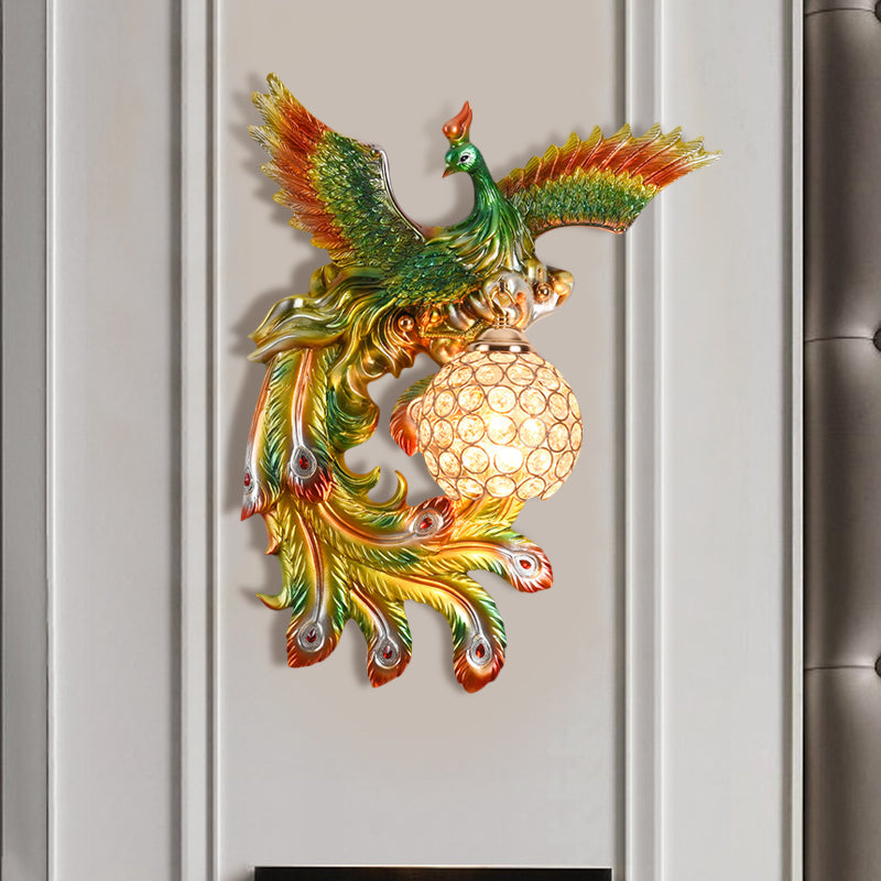 Peacock Flying Wall Mount Light: White/Green/Gold Resin with Crystal Shade, Left/Right