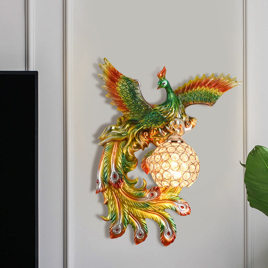 Peacock Flying Wall Mount Light: White/Green/Gold Resin with Crystal Shade, Left/Right