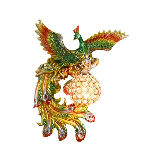 Peacock Flying Wall Mount Light: White/Green/Gold Resin with Crystal Shade, Left/Right