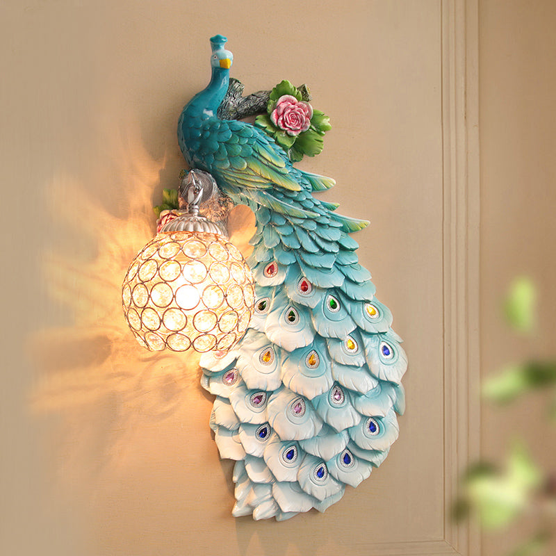 Rustic Crystal Ball Sconce: Peacock & Rose Decor, Single Bulb Wall Mounted Light in White/Blue/Green - Left/Right