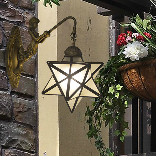 Antique Brass Tiffany Wall Sconce with White Glass Star Illumination and Mermaid Backplate