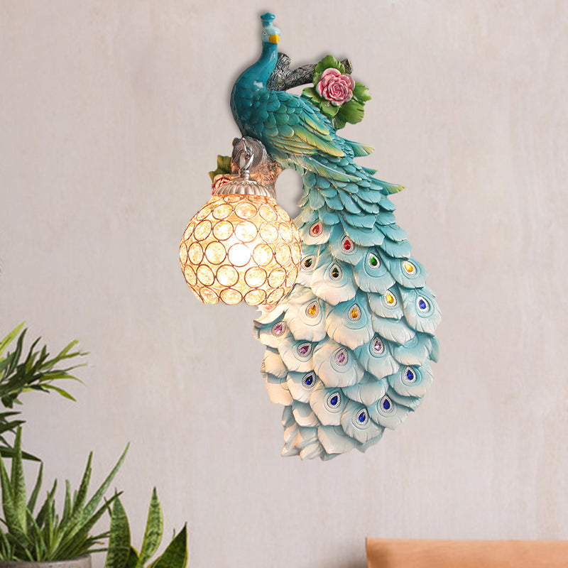 Rustic Crystal Ball Sconce: Peacock & Rose Decor, Single Bulb Wall Mounted Light in White/Blue/Green - Left/Right