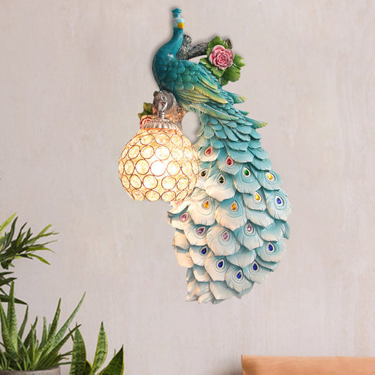 Rustic Crystal Ball Sconce: Peacock & Rose Decor, Single Bulb Wall Mounted Light in White/Blue/Green - Left/Right