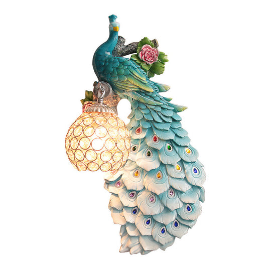 Rustic Crystal Ball Sconce: Peacock & Rose Decor, Single Bulb Wall Mounted Light in White/Blue/Green - Left/Right