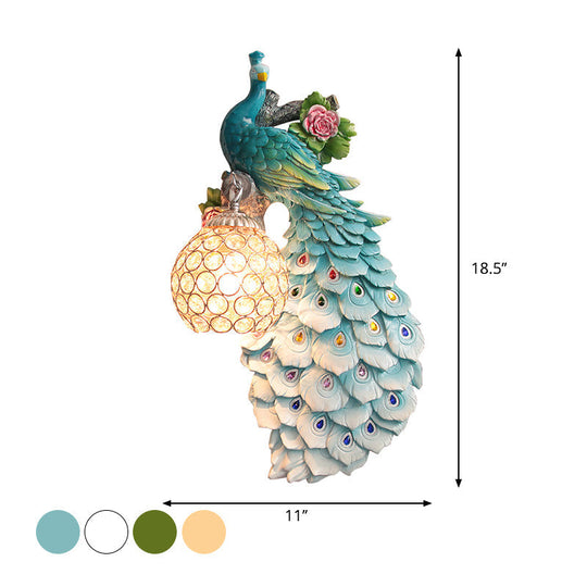 Rustic Crystal Ball Sconce: Peacock & Rose Decor, Single Bulb Wall Mounted Light in White/Blue/Green - Left/Right