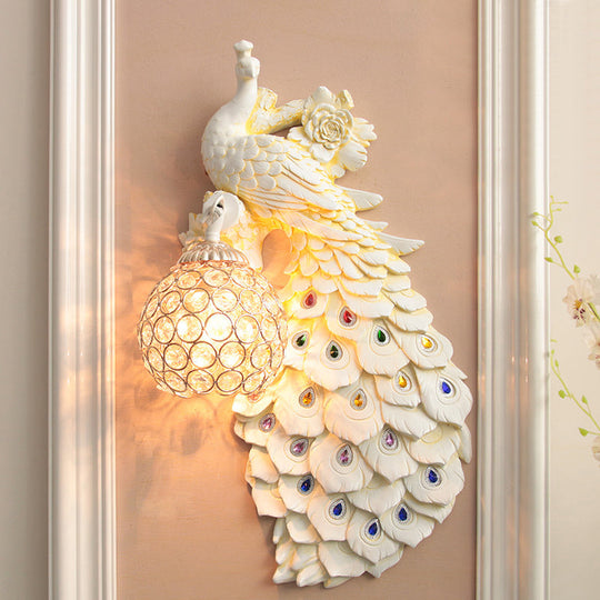 Rustic Crystal Ball Sconce: Peacock & Rose Decor, Single Bulb Wall Mounted Light in White/Blue/Green - Left/Right