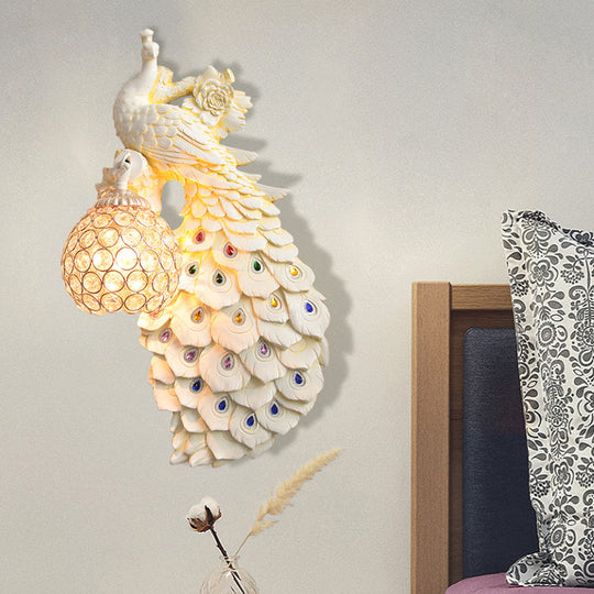 Rustic Crystal Ball Sconce: Peacock & Rose Decor, Single Bulb Wall Mounted Light in White/Blue/Green - Left/Right