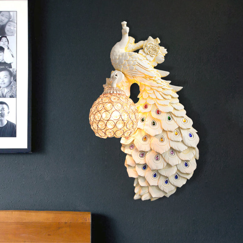 Rustic Crystal Ball Sconce: Peacock & Rose Decor, Single Bulb Wall Mounted Light in White/Blue/Green - Left/Right