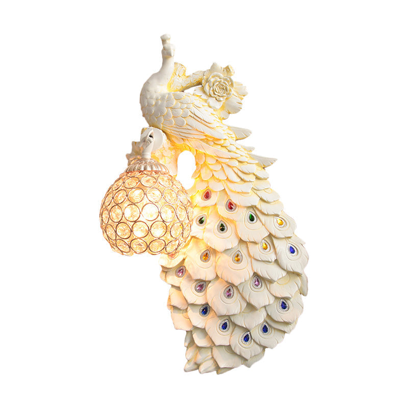 Rustic Crystal Ball Sconce: Peacock & Rose Decor, Single Bulb Wall Mounted Light in White/Blue/Green - Left/Right