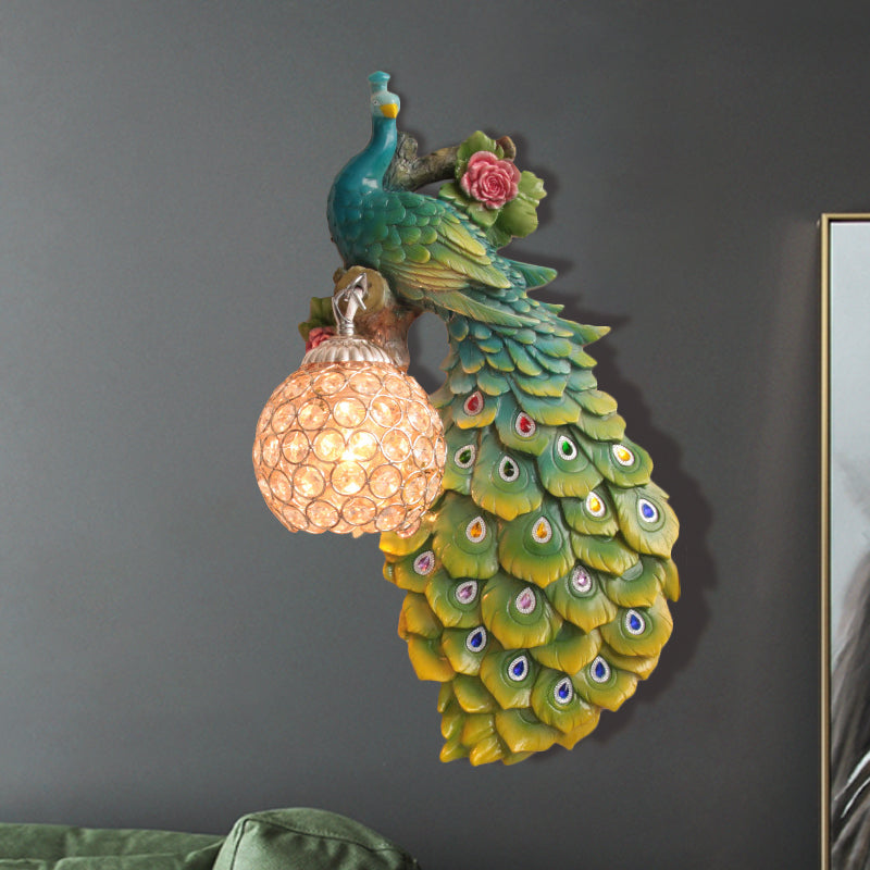 Rustic Crystal Ball Sconce: Peacock & Rose Decor, Single Bulb Wall Mounted Light in White/Blue/Green - Left/Right