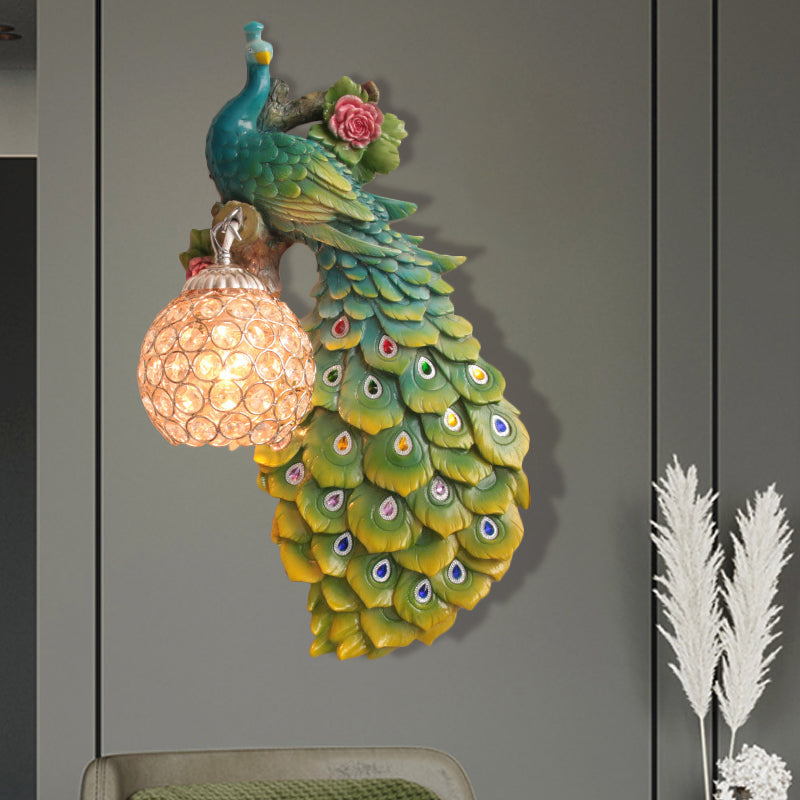 Rustic Crystal Ball Sconce: Peacock & Rose Decor, Single Bulb Wall Mounted Light in White/Blue/Green - Left/Right