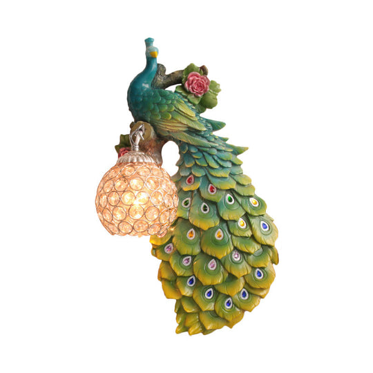 Rustic Crystal Ball Sconce: Peacock & Rose Decor, Single Bulb Wall Mounted Light in White/Blue/Green - Left/Right