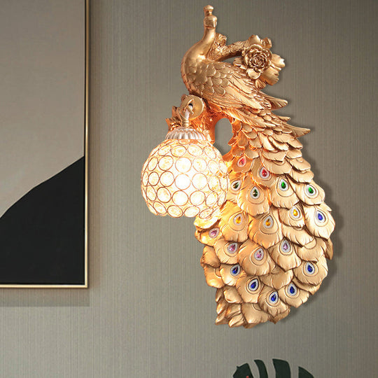 Rustic Crystal Ball Sconce: Peacock & Rose Decor, Single Bulb Wall Mounted Light in White/Blue/Green - Left/Right