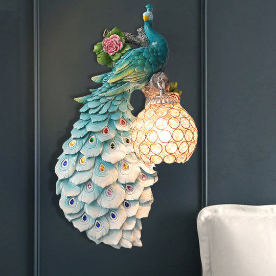 Rustic Crystal Ball Sconce: Peacock & Rose Decor, Single Bulb Wall Mounted Light in White/Blue/Green - Left/Right