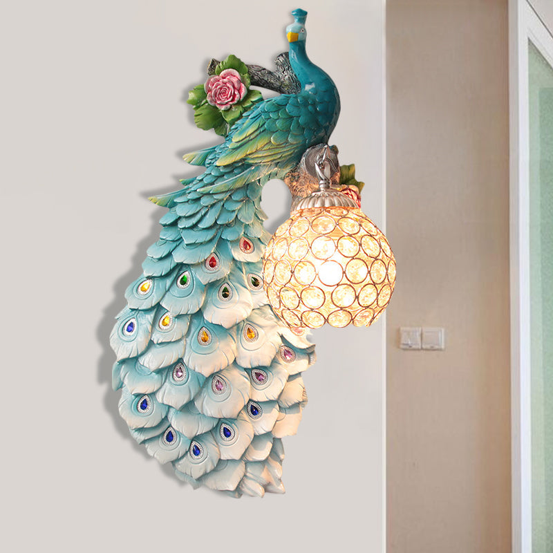 Rustic Crystal Ball Sconce: Peacock & Rose Decor, Single Bulb Wall Mounted Light in White/Blue/Green - Left/Right