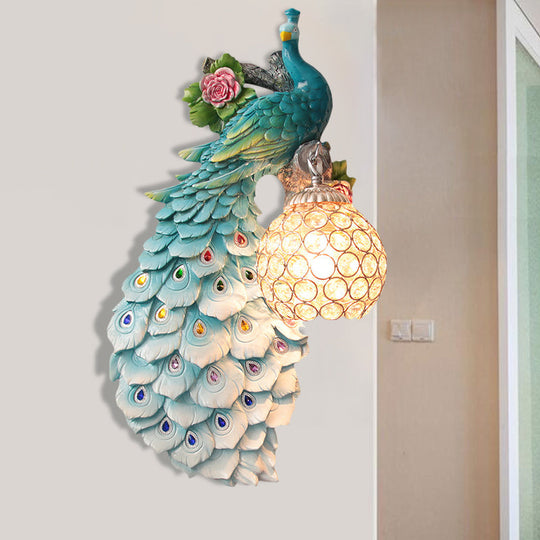 Rustic Crystal Ball Sconce: Peacock & Rose Decor, Single Bulb Wall Mounted Light in White/Blue/Green - Left/Right