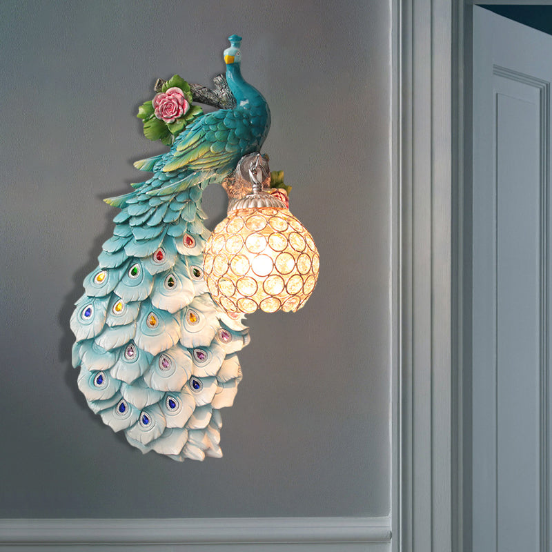 Rustic Crystal Ball Sconce: Peacock & Rose Decor, Single Bulb Wall Mounted Light in White/Blue/Green - Left/Right