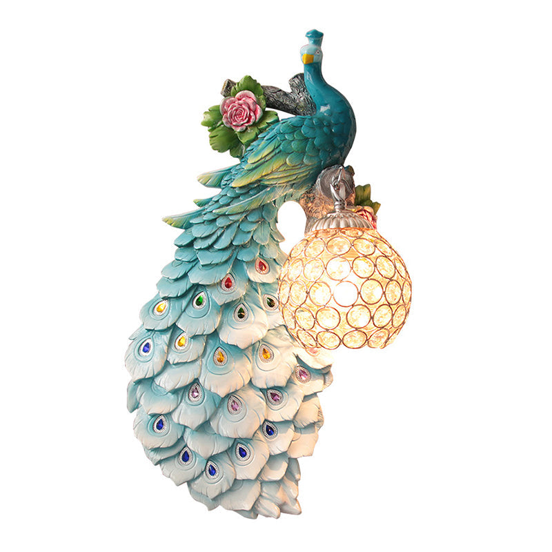 Rustic Crystal Ball Sconce: Peacock & Rose Decor, Single Bulb Wall Mounted Light in White/Blue/Green - Left/Right