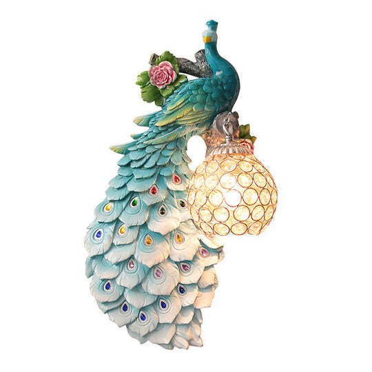 Rustic Crystal Ball Sconce: Peacock & Rose Decor, Single Bulb Wall Mounted Light in White/Blue/Green - Left/Right