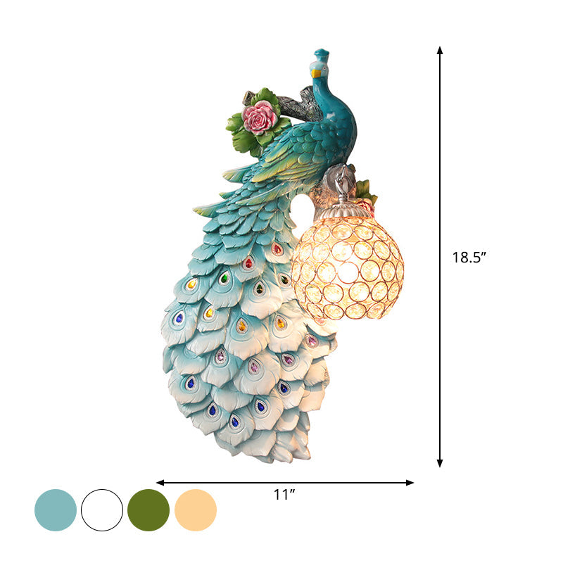 Rustic Crystal Ball Sconce: Peacock & Rose Decor, Single Bulb Wall Mounted Light in White/Blue/Green - Left/Right
