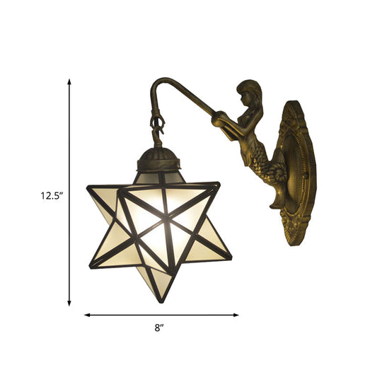 Antique Brass Tiffany Wall Sconce with White Glass Star Illumination and Mermaid Backplate