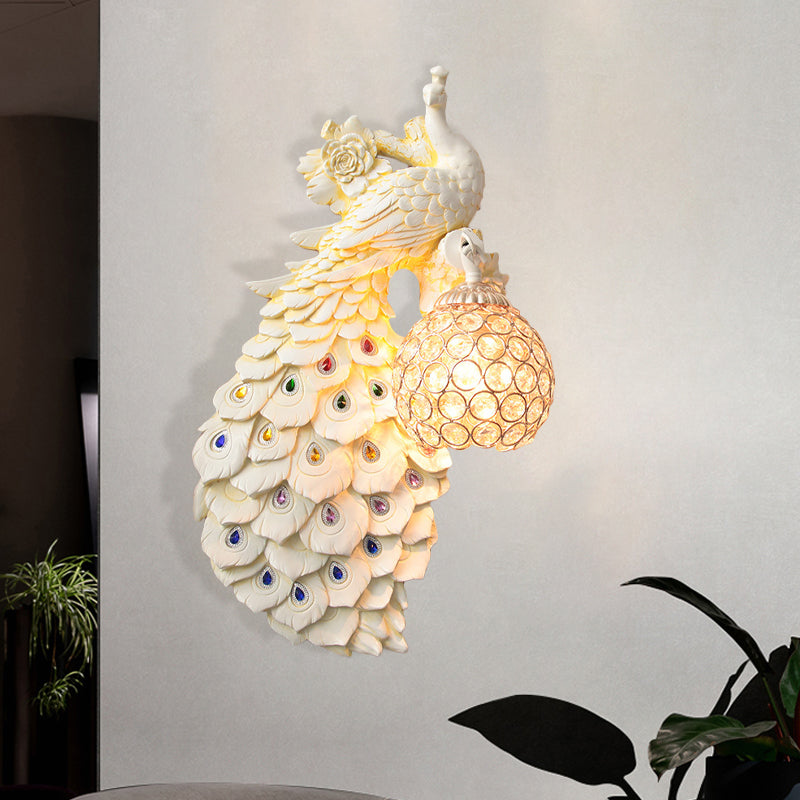 Rustic Crystal Ball Sconce: Peacock & Rose Decor, Single Bulb Wall Mounted Light in White/Blue/Green - Left/Right