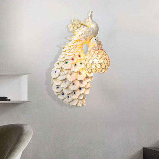 Rustic Crystal Ball Sconce: Peacock & Rose Decor, Single Bulb Wall Mounted Light in White/Blue/Green - Left/Right