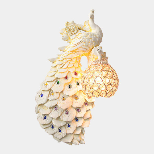 Rustic Crystal Ball Sconce: Peacock & Rose Decor, Single Bulb Wall Mounted Light in White/Blue/Green - Left/Right