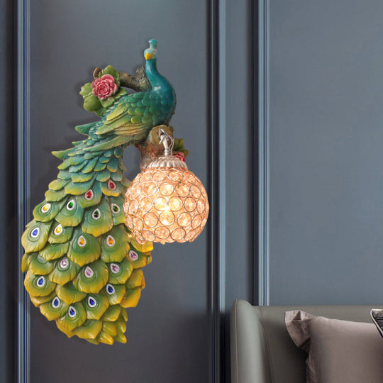 Rustic Crystal Ball Sconce: Peacock & Rose Decor, Single Bulb Wall Mounted Light in White/Blue/Green - Left/Right
