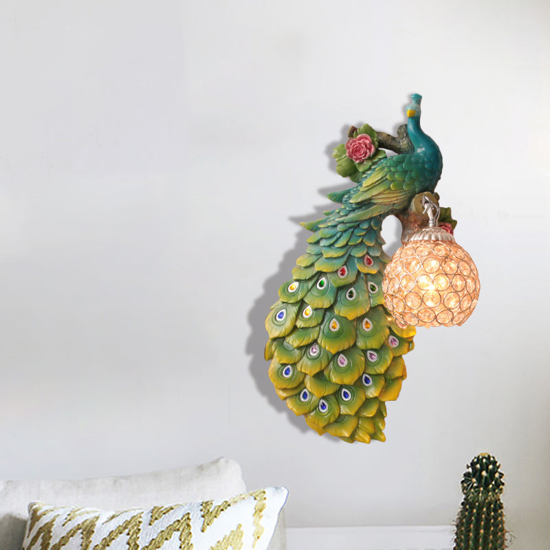 Rustic Crystal Ball Sconce: Peacock & Rose Decor, Single Bulb Wall Mounted Light in White/Blue/Green - Left/Right
