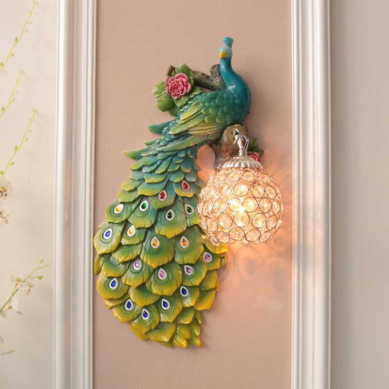 Rustic Crystal Ball Sconce: Peacock & Rose Decor, Single Bulb Wall Mounted Light in White/Blue/Green - Left/Right