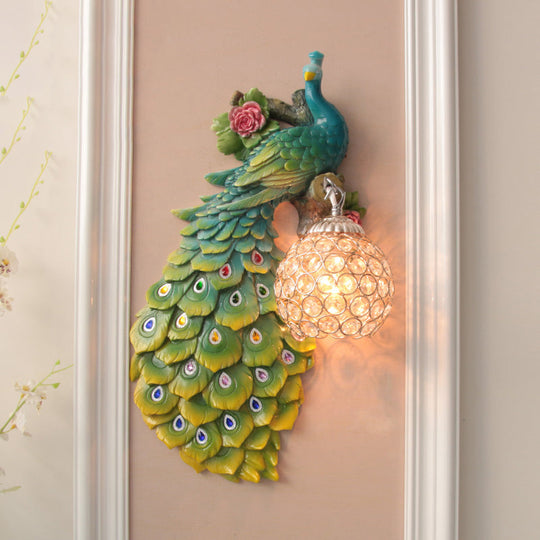 Rustic Crystal Ball Sconce: Peacock & Rose Decor, Single Bulb Wall Mounted Light in White/Blue/Green - Left/Right