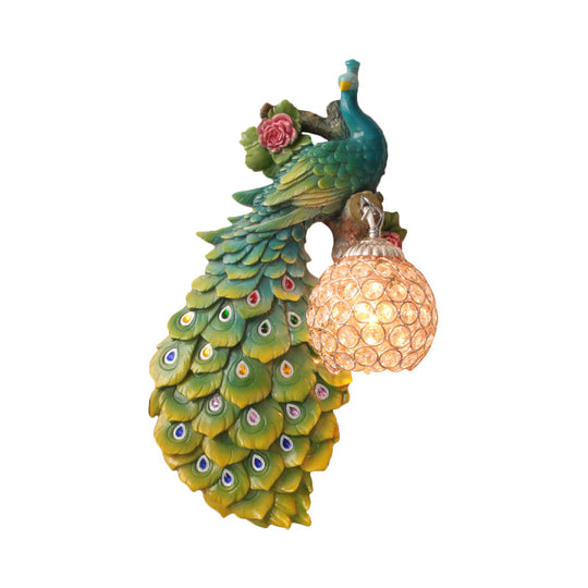Rustic Crystal Ball Sconce: Peacock & Rose Decor, Single Bulb Wall Mounted Light in White/Blue/Green - Left/Right