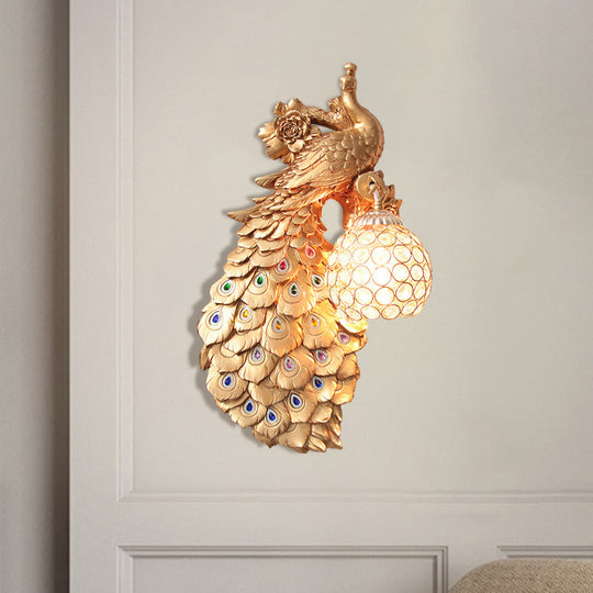 Rustic Crystal Ball Sconce: Peacock & Rose Decor, Single Bulb Wall Mounted Light in White/Blue/Green - Left/Right