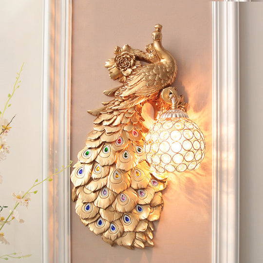 Rustic Crystal Ball Sconce: Peacock & Rose Decor, Single Bulb Wall Mounted Light in White/Blue/Green - Left/Right